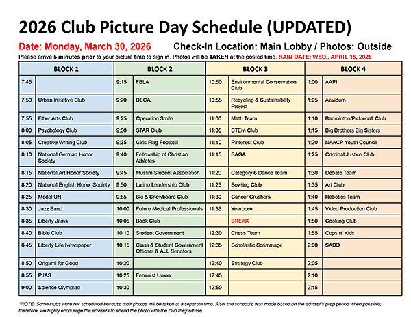 2026 Club Picture Day Schedule - Monday, March 30, 2026; Rain Date Wednesday April 15, 2026