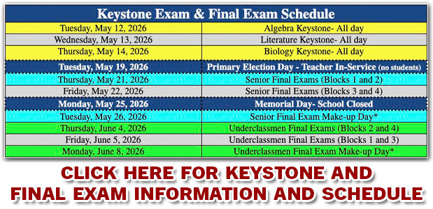 Spring 2026 Keystone and Final Exam Schedule information Graphic