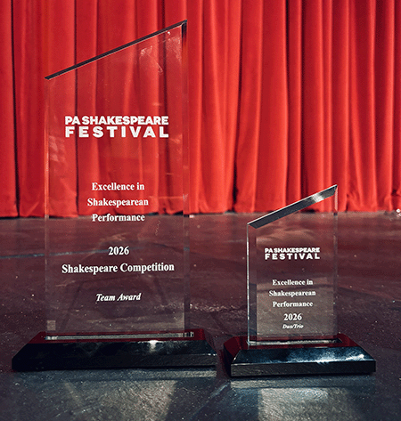 Liberty won TWO awards at the Pennsylvania Shakespeare Festival High School Shakespeare Competition held at DeSales University on March 7, 2026! The following students competed, thrice performing their monologues or partner scenes in front of adjudicators.  • Erika Broesicke (12) and Andrew Bays (12) — As You Like It Act III, Scene ii (Rosalind/Orlando) • Owen Smith (10) and Ella Sherman (11) — Hamlet Act III, Scene ii (Hamlet/Ophelia) • Jansarie Colon-Vicens (12) — Much Ado About Nothing Act IV, Scene i (Beatice) • Emma Hartzell (11) — Twelfth Night Act II, Scene ii (Viola) Erika, Andrew, and Jansarie were invited to perform their scenes at the closing showcase. Erika and Andrew won an award for Excellence in Shakespeare Performance Duo/Trio, and Liberty High School took home an Excellence in Shakespeare Performance Team Award!