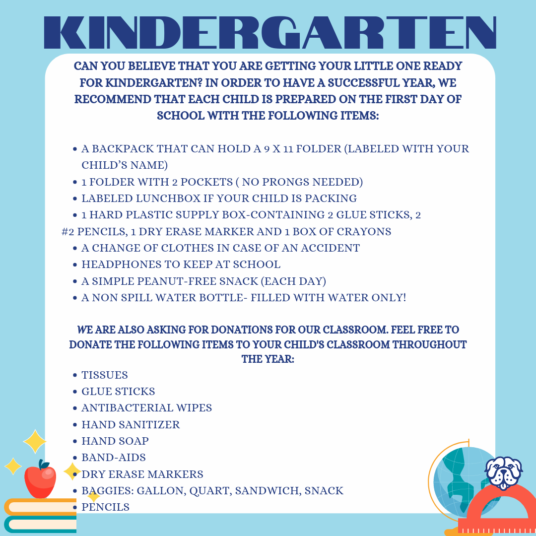 Kindergarten Supply List James Buchanan Elementary School