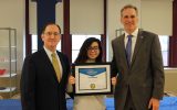 Scholarship recipient Lexi Vega with Superintendent Joe Roy and Moravian College President Bryon Grigsby.